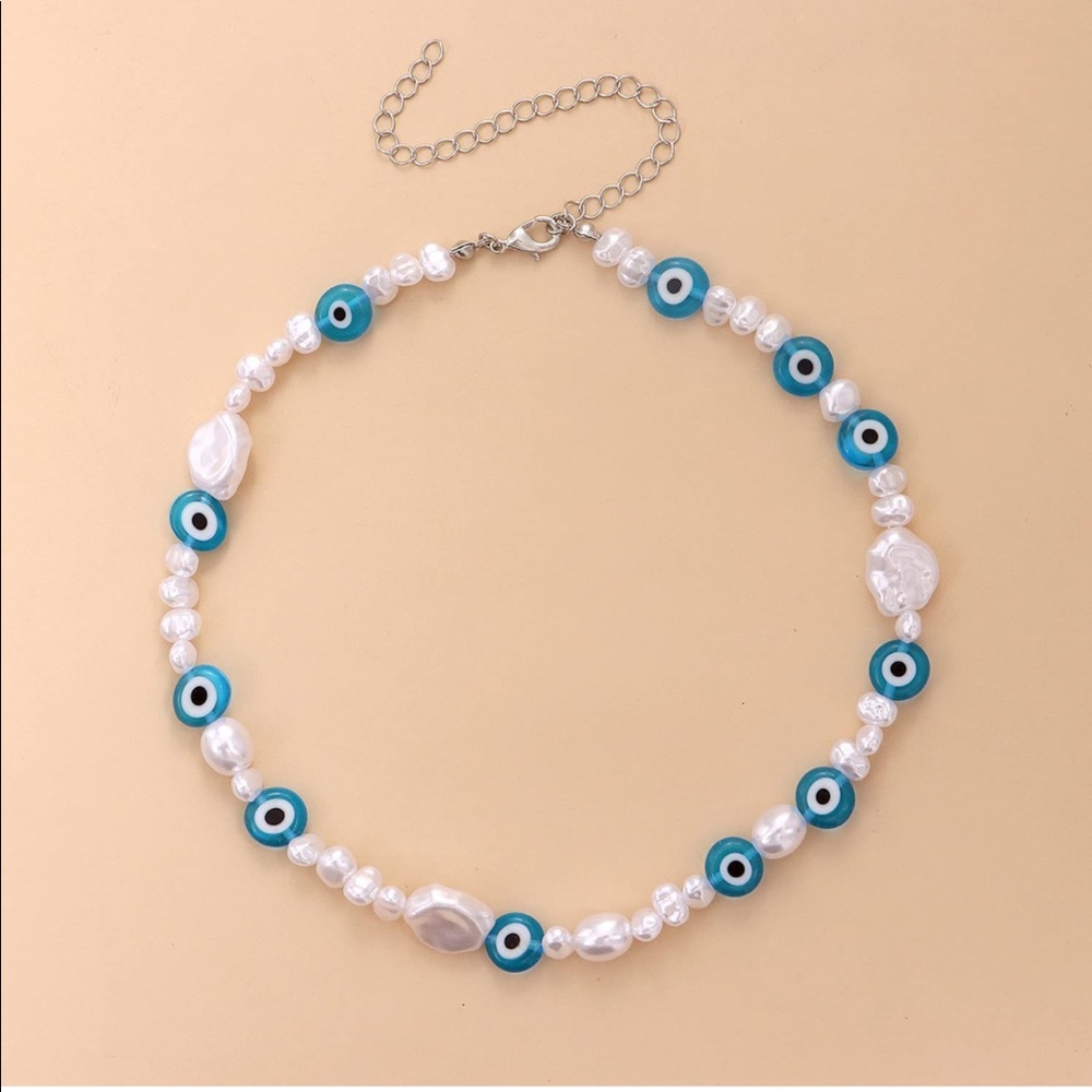Handmade Evil Eye Pearl Beaded Choker Necklace 13.7 inches